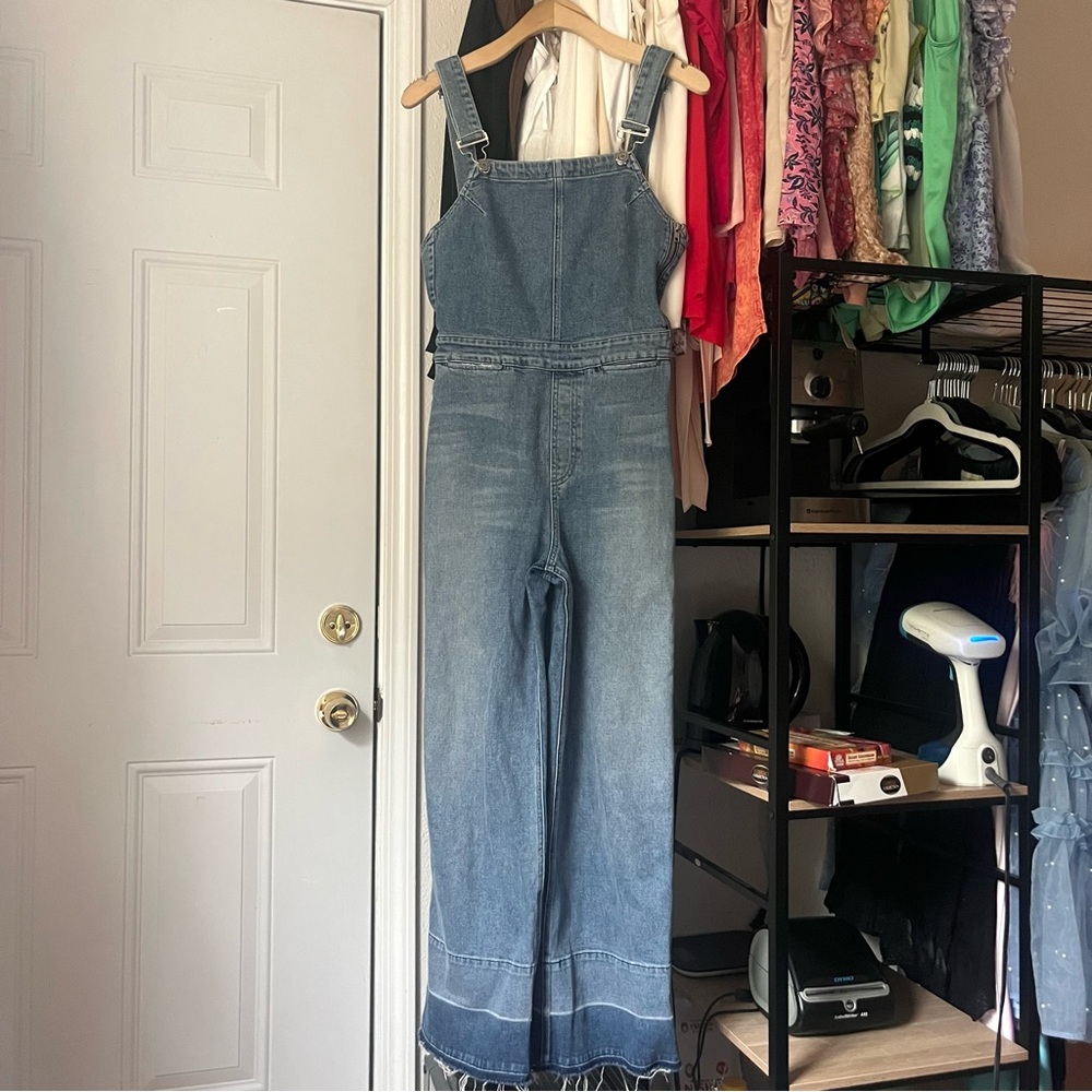 GRLFRND blue cotton elastane denim raw fray hem straight leg overalls jumpsuit